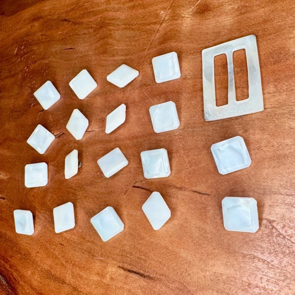 Vintage‎ Mother of Pearl Square Metal Shank Buttons 18 pc & Slide Buckle Set